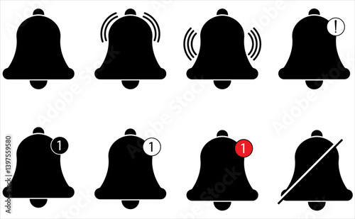 Notification bell icon set. Message notification bell icon set in black. Notification bell symbols in white background. Bell, icons, Notification, symbol, vector.