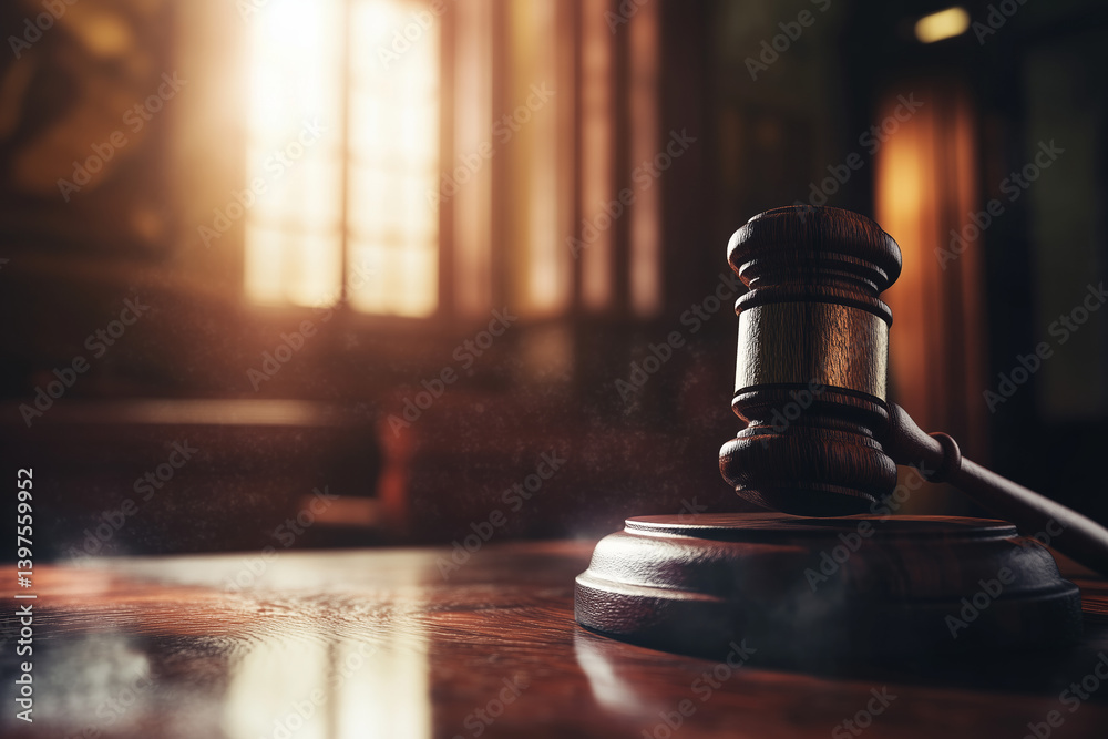 Wooden shiny judge gavel on table in courtroom. Law and justice concept background. Decision of fate.