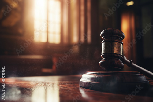Obraz na płótnie Wooden shiny judge gavel on table in courtroom. Law and justice concept background. Decision of fate. w salonie