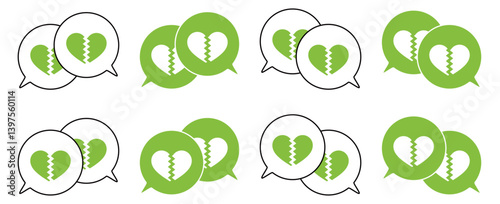 シンプルな重なる吹き出し セット 割れたハートマーク 黄緑色