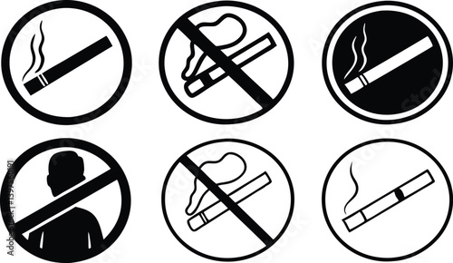 Set of simple black and white vector icons depicting smoking and no smoking signs.