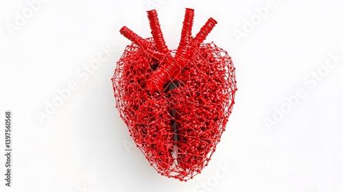 Creative 3D rendering of a human heart formed from red wires and tubes, symbolizing technology, biology, and cardiovascular science.