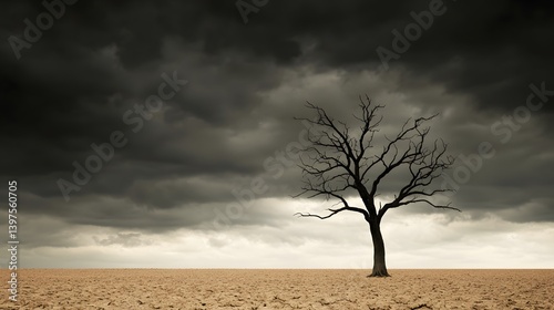 A solitary dead tree stands on cracked, barren earth under dramatic storm clouds, symbolizing drought, climate change, and desolation.