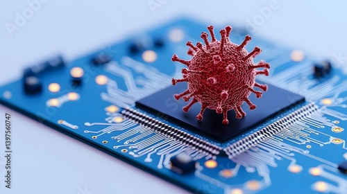 A 3D-rendered virus model sits on a computer chip, symbolizing cybersecurity threats, malware, and digital infection in technology systems.