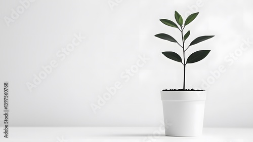 A small green plant in a white pot stands against a clean white background, representing growth, simplicity, and modern interior decor.