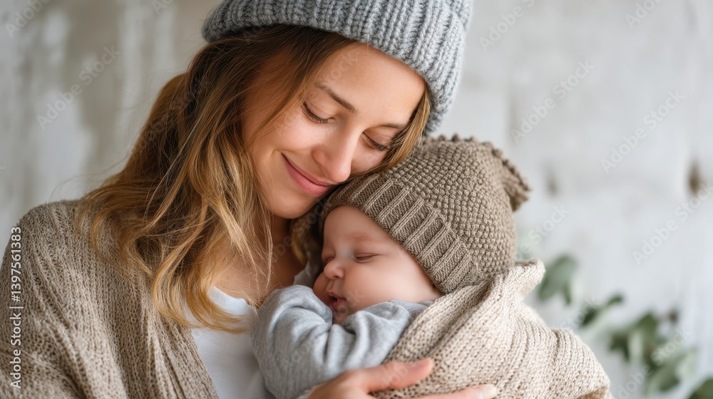 Joyful young mom cradles her adorable baby in cozy indoor setting Joyful young mom cradles her adorable baby in cozy indoor setting