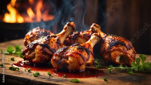 Grilled chicken drumsticks covered in barbecue sauce