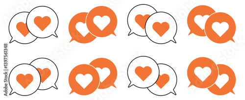 シンプルな重なる吹き出し セット 伝え合うハートマーク 橙色