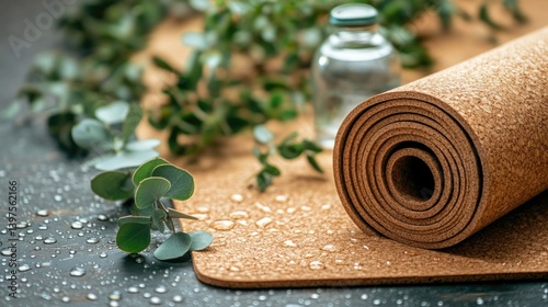 Natural cork yoga mat rests on textured surface surrounded by fr