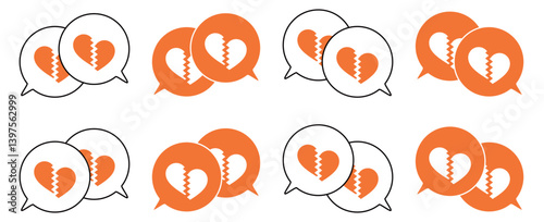 シンプルな重なる吹き出し セット 割れたハートマーク 橙色