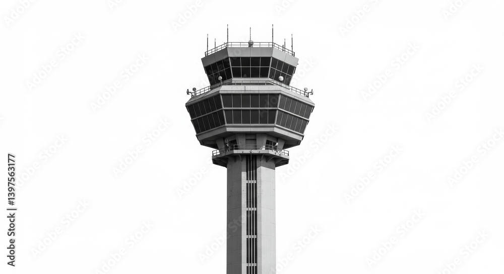 Striking air traffic control tower isolated for architectural and travel designs