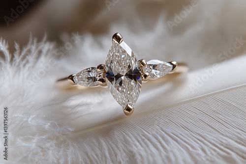 A unique east-west set marquise diamond ring, displayed on a white feather for an ethereal look.