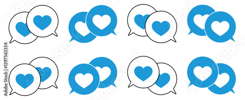 シンプルな重なる吹き出し セット 伝え合うハートマーク 水色