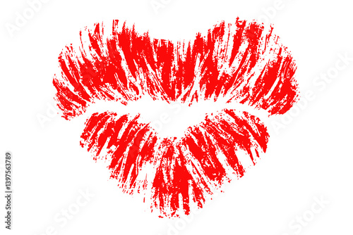 Grunge-style red lipstick print illustration on white background. Bold, expressive brush texture for Valentines Day, love concepts, cosmetics, or pop art designs