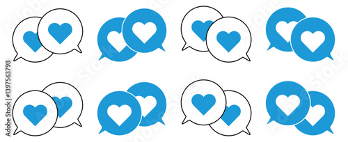 シンプルな重なる吹き出し セット 伝え合うハートマーク 水色