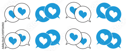 シンプルな重なる吹き出し セット 伝え合うハートマーク 水色