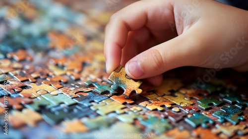 Close up of a child's hand placing the last piece of a colorful jigsaw puzzle, completing the image and demonstrating problem solving skills in a playful setting