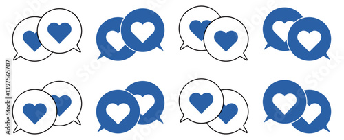 シンプルな重なる吹き出し セット 伝え合うハートマーク 青色