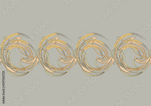 Ears of cereal, wheat or rye Seamless border pattern, linear ornament, ribbon Vector illustration. Outline hand drawing. In art nouveau style, vintage, old, retro style.