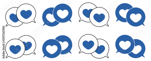シンプルな重なる吹き出し セット 伝え合うハートマーク 青色