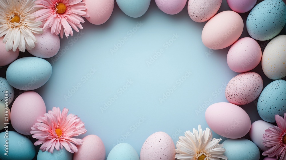 A pastel-colored Easter egg wreath with delicate pink and white gerbera daisies creates a charming sp background perfect for festive celebrations and sp-themed designs. A pastel-colored Easter egg wreath with delicate pink and white gerbera daisies creates a charming sp background perfect for festive celebrations and sp-themed designs.