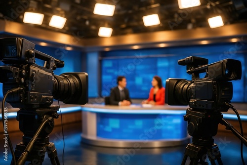 Modern professional television news studio with two anchors discussing latest topics during live broadcast under bright studio lights photo