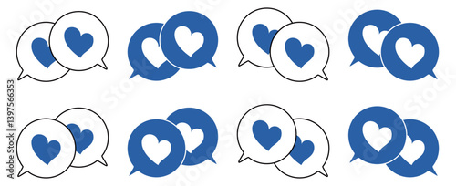 シンプルな重なる吹き出し セット 伝え合うハートマーク 青色