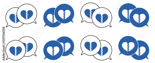 シンプルな重なる吹き出し セット 割れたハートマーク 青色