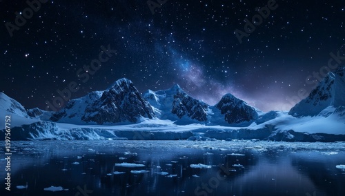 Snowy Mountain Range Under Starry Night Sky with Icy Water Reflection