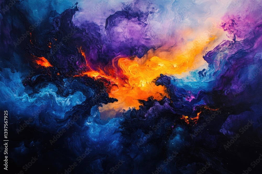 Fototapeta premium A vibrant cosmic nebula with deep blues, purples, and fiery oranges
