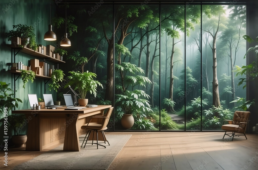 Serene home office with large window showcasing a lush, misty forest scene. Wooden furniture complements the green walls and plants, creating a tranquil atmosphere. Serene home office with large window showcasing a lush, misty forest scene. Wooden furniture complements the green walls and plants, creating a tranquil atmosphere.