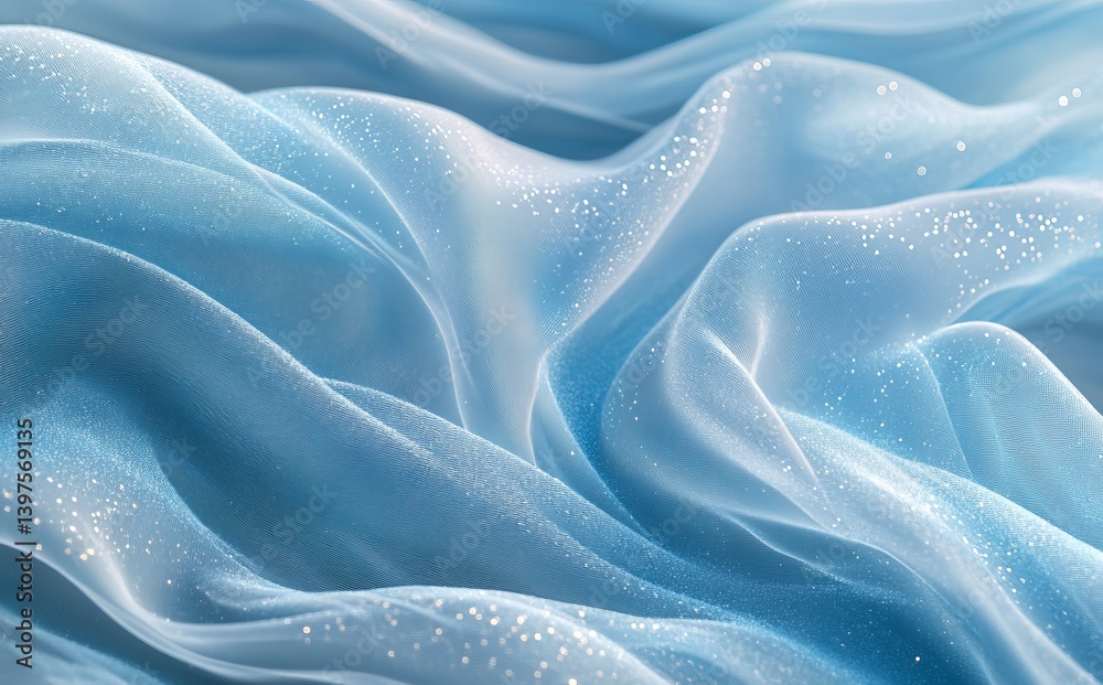 Obraz premium A delicate, translucent fabric is captured in a close-up, softly flowing in hues of aqua and blue to create a serene and dreamy ambiance with subtle shimmering particles that reflect light
