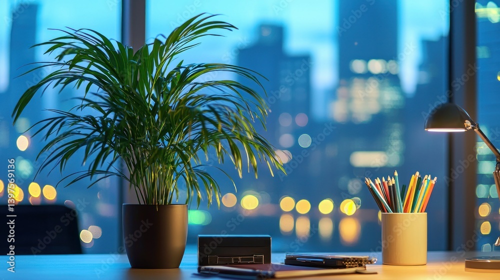 Obraz premium Night city view from modern home office desk with plant