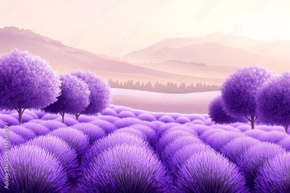 Obraz premium A peaceful scenery of rolling hills and vibrant purple trees evokes a sense of calm and serenity, ideal for those who appreciate nature and art