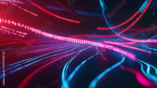 Abstract Digital Flow  Neon Red and Blue Data Stream