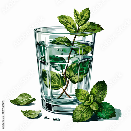 Mint Leaves in Refreshing Glass Drink Clipart