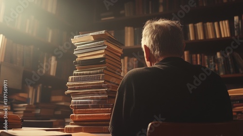 A retired teacher looking at a stack of old books in a classroom.