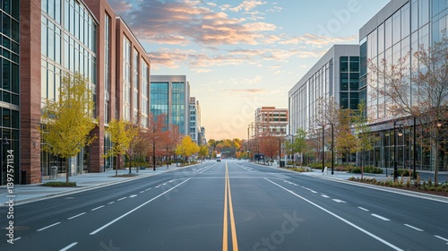 Empty city street, modern office buildings, autumn colors, sunrise