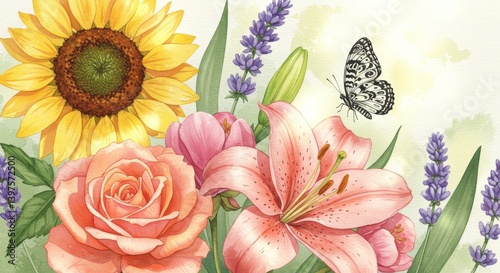Summer Floral Bouquet with Butterfly - Vibrant watercolor painting of a summer bouquet featuring sunflowers, roses, lilies, and lavender, with a butterfly