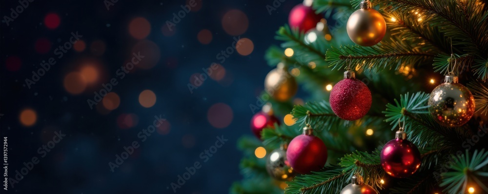 Fototapeta premium Christmas tree with colorful ornaments and lights, Lights, , Christmas Tree