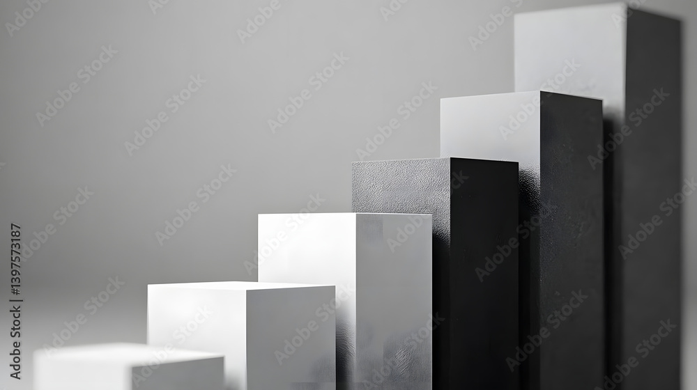 3D bar graph with ascending blocks in grayscale, symbolizing business growth and financial progress 3D bar graph with ascending blocks in grayscale, symbolizing business growth and financial progress