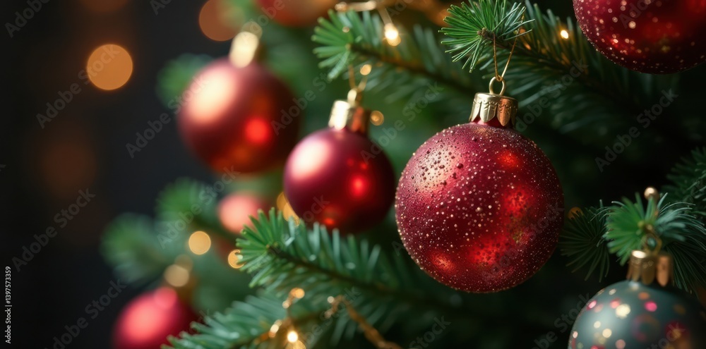 Close-up of colorful glass balls and tinsel on a decorated fir tree, glass balls, tree Close-up of colorful glass balls and tinsel on a decorated fir tree, glass balls, tree