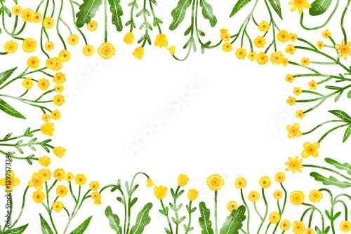 Horizontal border frame for wedding hand drawn blooming branches, twigs, leaves, yellow flowers on a isolated background. Watercolor hand drawn illustration card