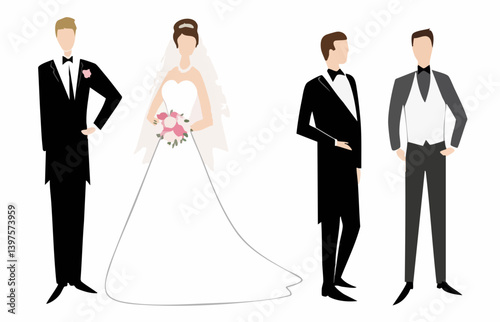 Wedding Couple and Groomsmen in Formal Attire. Vector Image