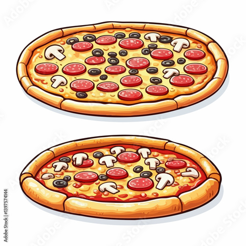 Two Delicious Pizzas with Pepperoni Mushrooms and Olives. Vector Image