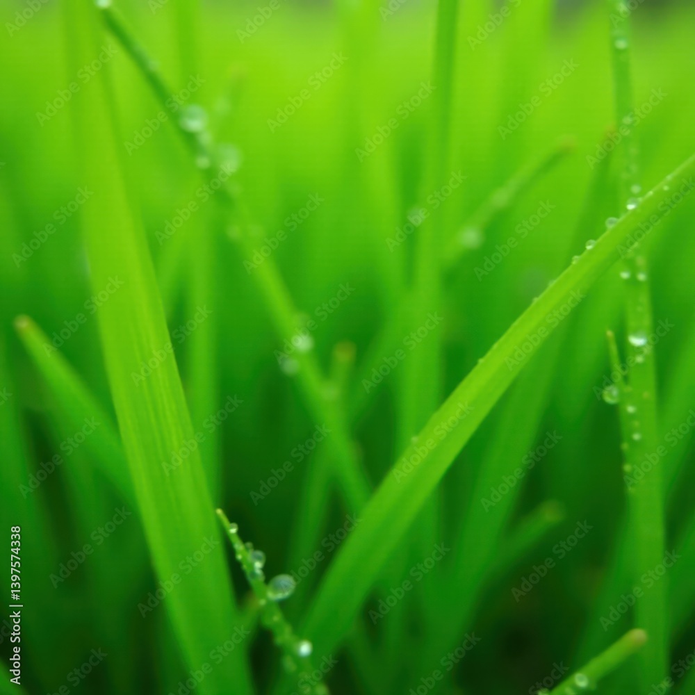 Close-up of vibrant green grass blades with dew drops on them, close-up, botanical Close-up of vibrant green grass blades with dew drops on them, close-up, botanical