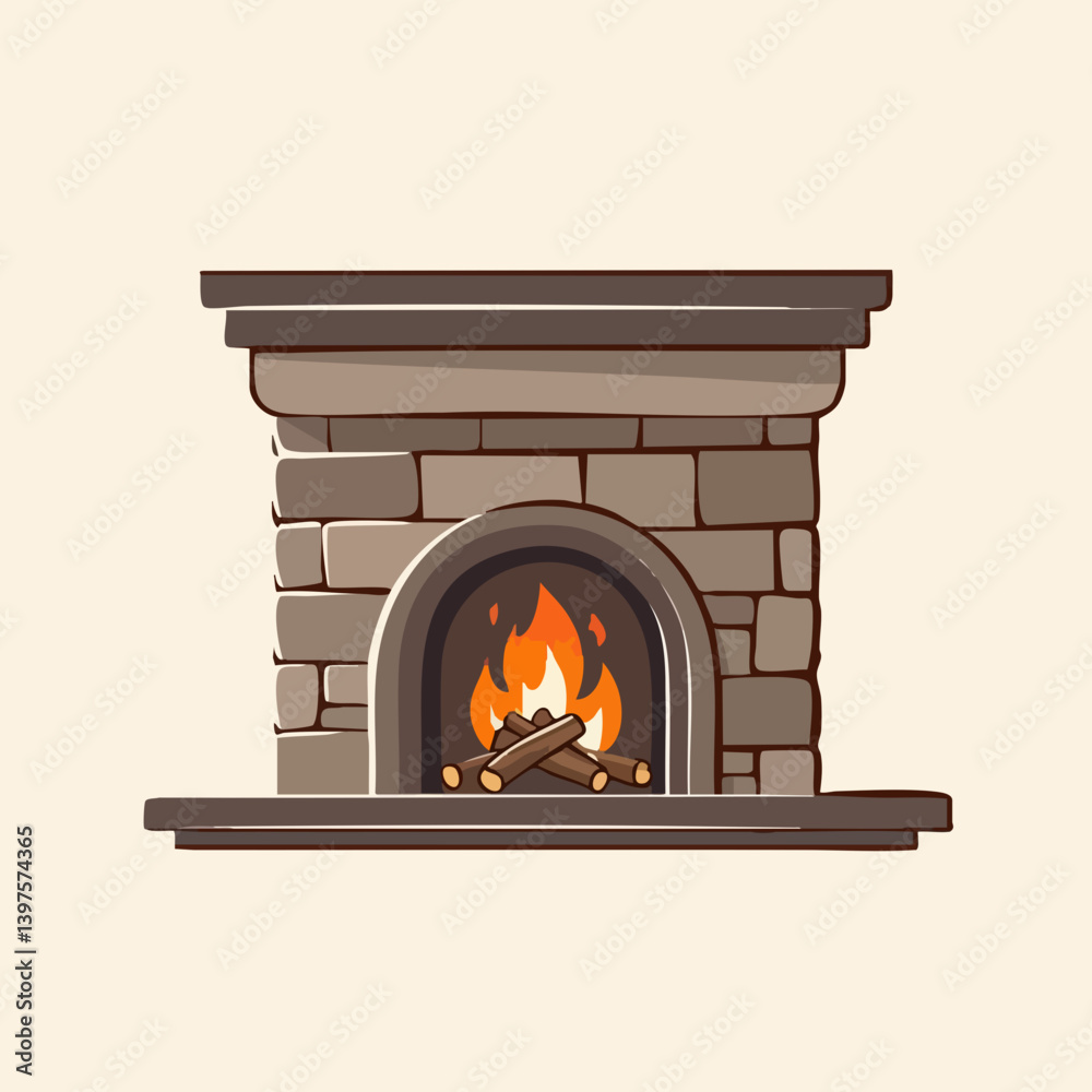 Fototapeta premium Stone Fireplace with Burning Firewood. Vector Image