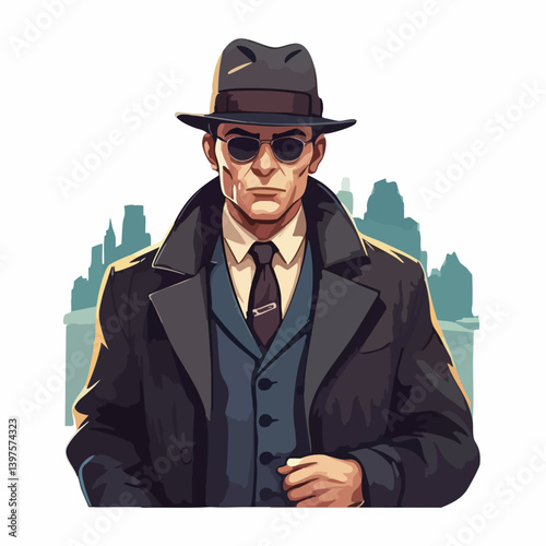 Stylish Man in Fedora and Overcoat. Vector Image
