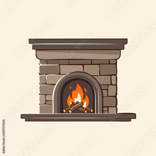 Stone Fireplace with Burning Firewood. Vector Image