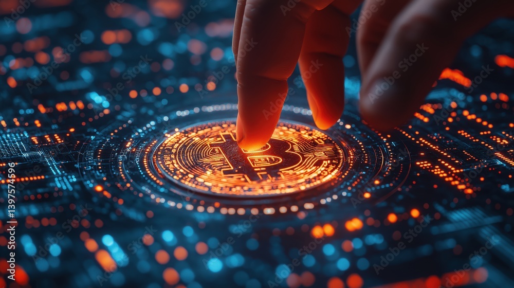 Naklejka premium AI hand reaches out to grasp a glowing Bitcoin in a dynamic trading interface with vibrant colors